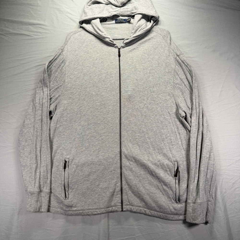 Polo Ralph Lauren Hoodie Mens 2XL Light Gray Full Zip Sweatshirt Stretch Light